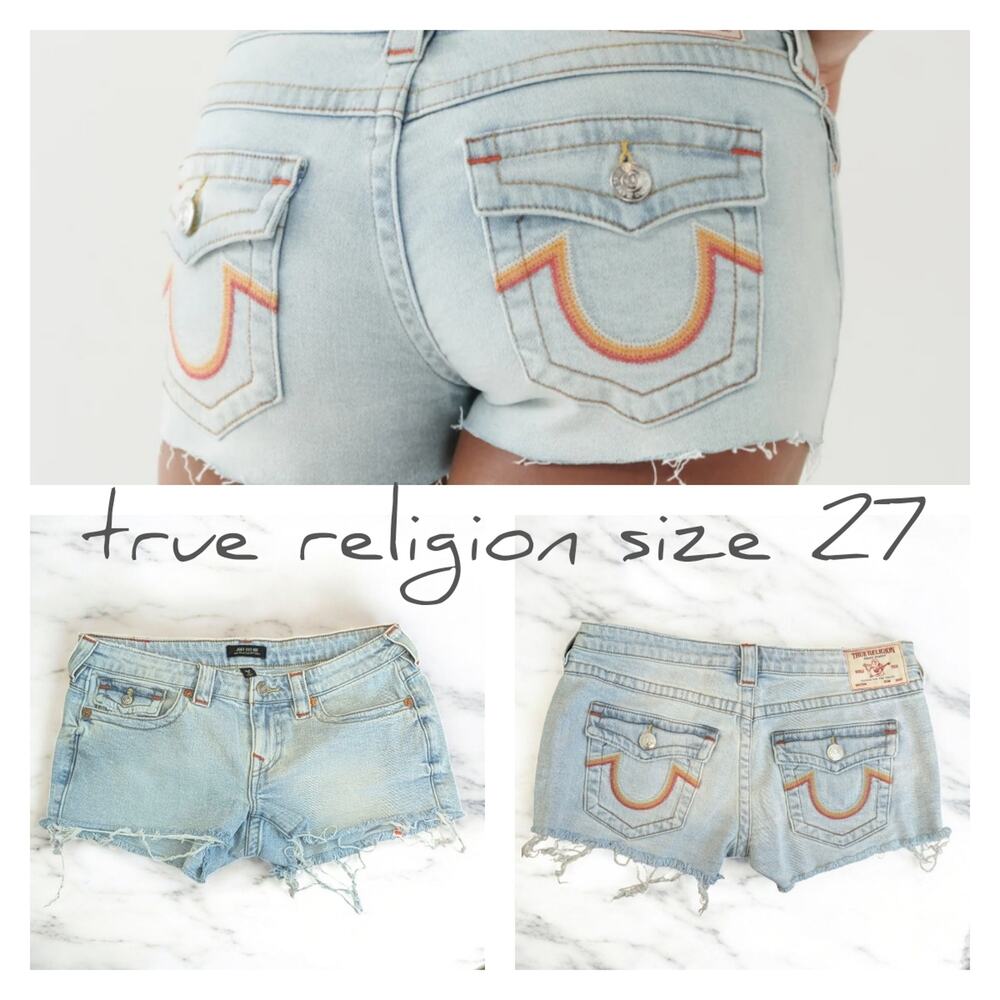 New TRUE RELIGION Joey Low Rise Cut Off Denim Jean Shorts Flap Pockets Women 27